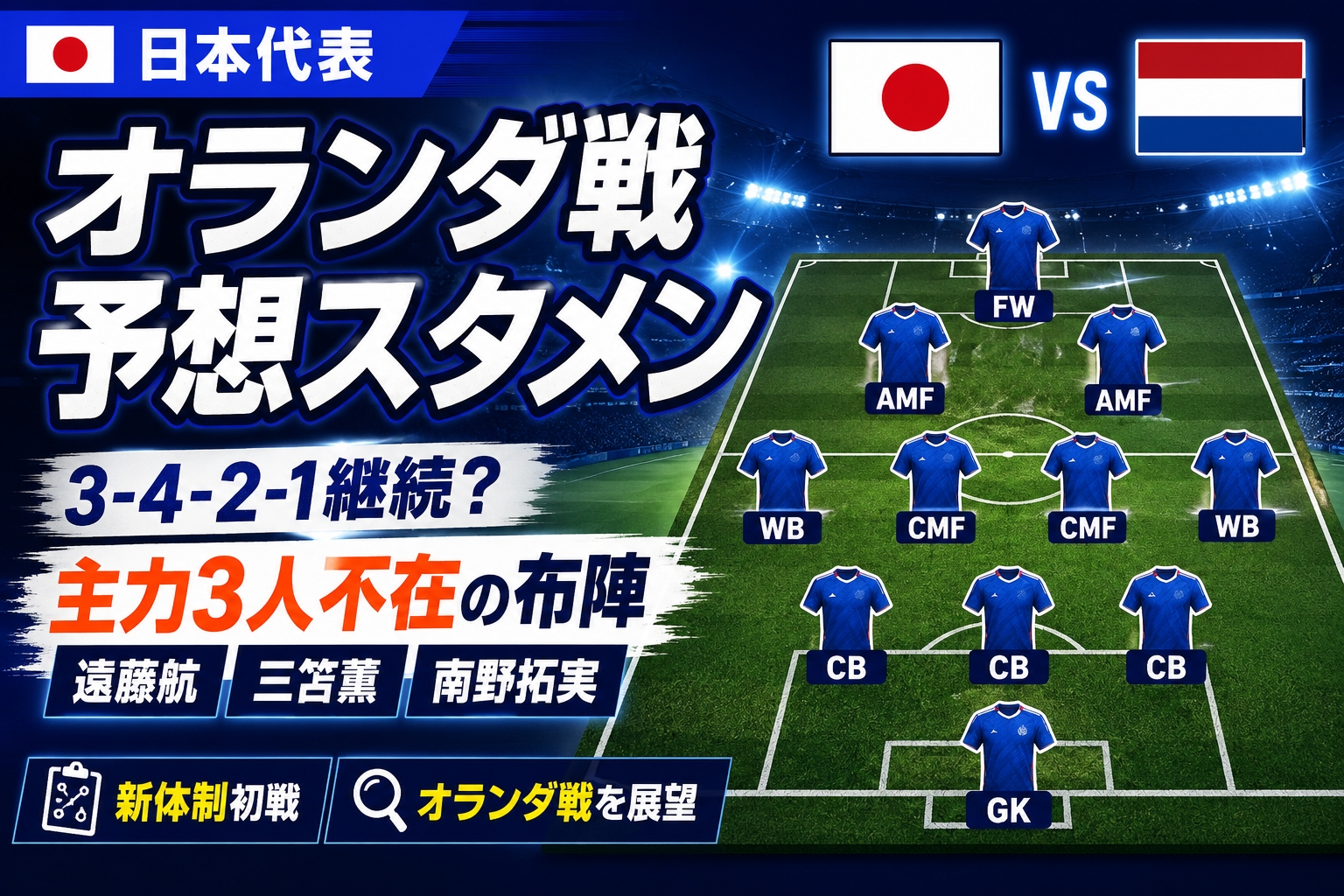 日本代表オランダ戦予想スタメン2026!遠藤・三笘・南野不在の布陣