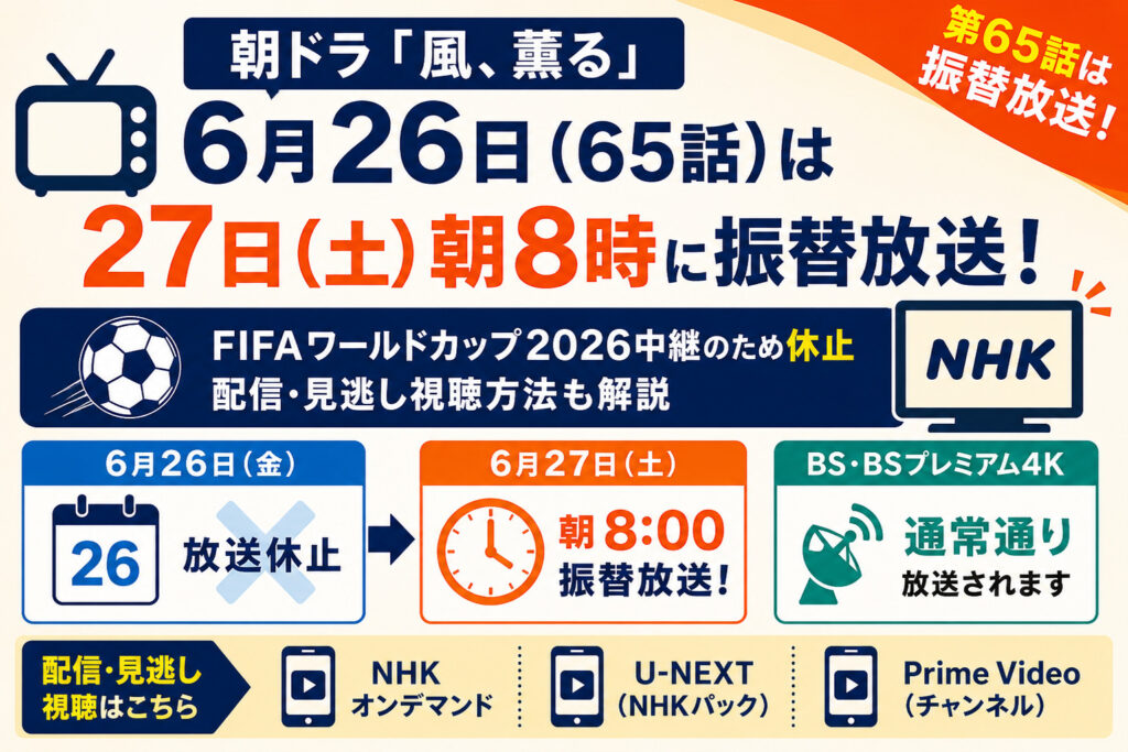 朝ドラ風薫る6月26日（65話）は27日土曜8時に振替放送！配信先も解説