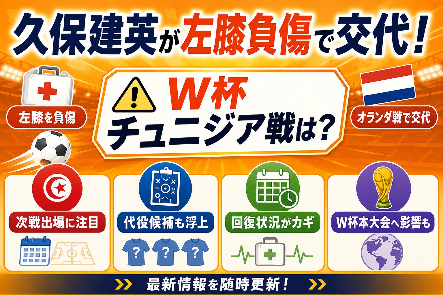 久保建英が左膝負傷で交代!2026W杯チュニジア戦への出場は?