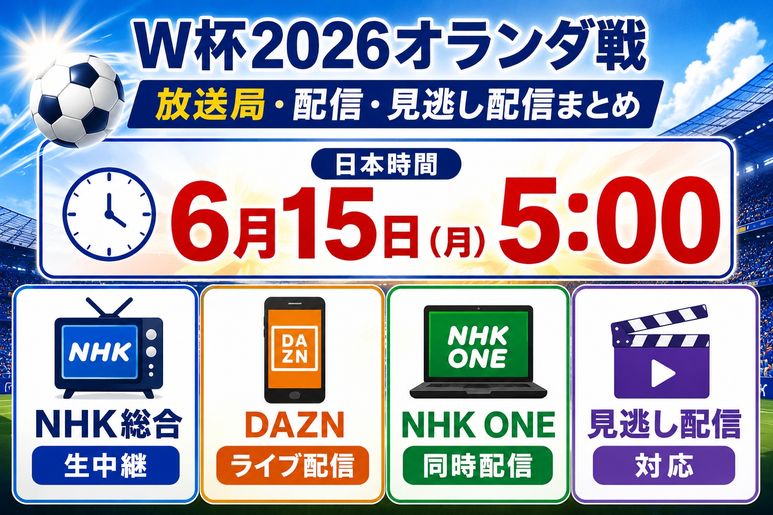 W杯2026オランダ戦は日本時間6月15日5時!放送局・配信まとめ