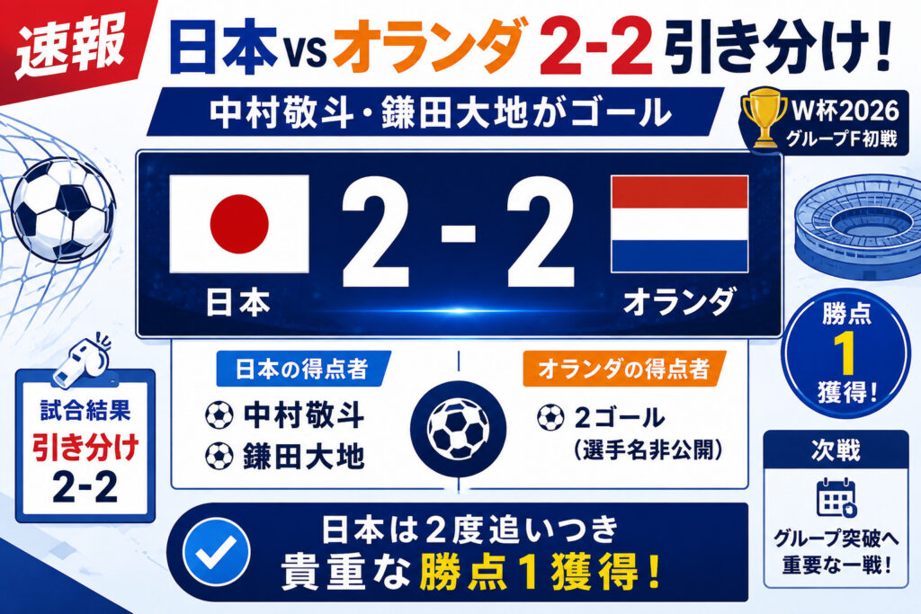 【速報】日本vsオランダ2-2引き分け！中村敬斗・鎌田大地がゴール【W杯2026】