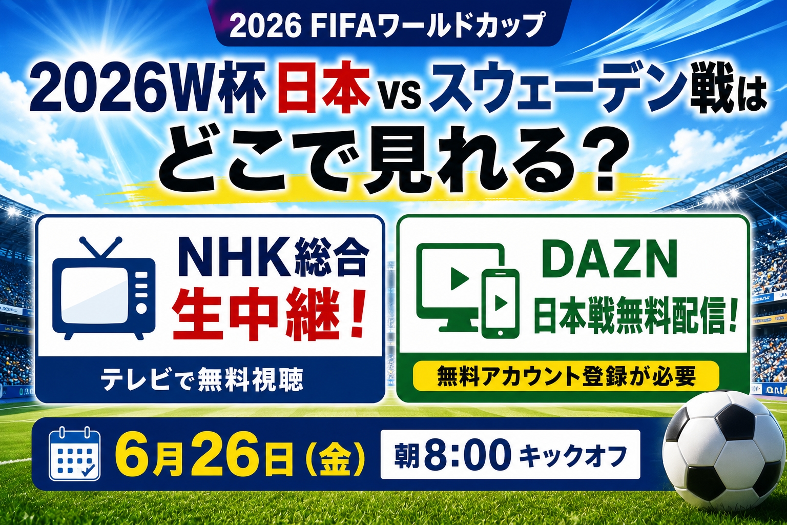 2026W杯日本対スウェーデン戦の放送は?NHK・DAZN無料視聴方法6月26日