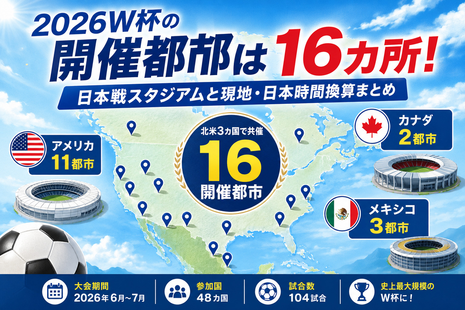 2026W杯の開催都市は16カ所！日本戦スタジアムと現地・日本時間換算まとめ