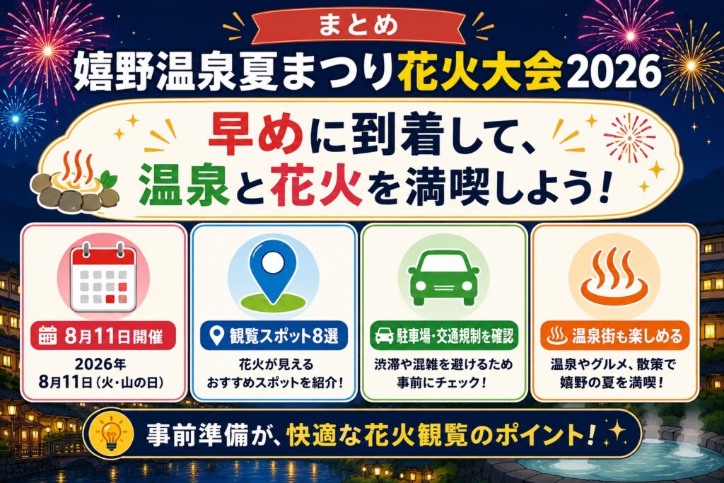 まとめ｜嬉野温泉夏まつり花火大会2026